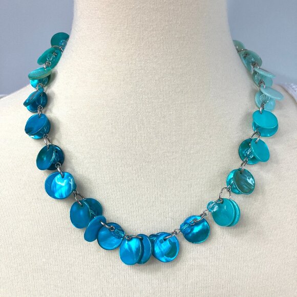 Blue Ombre Capiz Shell Necklace Dangle Costume Jewelry Coastal - Picture 1 of 9